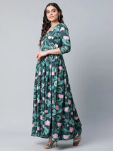 Dark Green Digital Print Flared Dress-AHDRCRDP-893