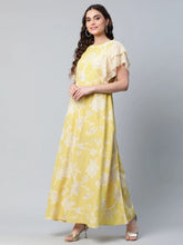 Lemon Yellow Crepe Floral Dress-AHDRCRDP-887