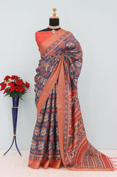 Mysore Silk Digital Print Blue Saree With Unstiched Blouse Piece-MPHMS-08-BLUE