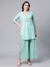 Teal Pure Cotton Gold Foil Printed Pakistani Style Kurta Palazzo Set-AHTUPZ-COMBO-492