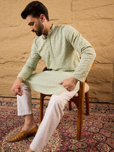 Ethnic Bay Men Green Rayon Blend Solid Embroidered Straight Kurta With Pant Set-MKSET1231