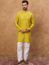 Ethnic Bay Men Yellow Viscose Rayon Ethnic Motifs Printed Straight Kurta With Pant Set-MKSET1542