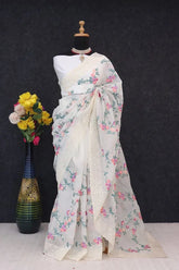 Embroidery White Saree With Unstiched Blouse Piece-MWPK-309-WHITE