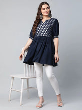 Navy Blue Rayon Silver Foil Print Tunic-AHTURYGP-8049