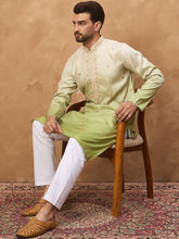 Ethnic Bay Men Green Silk Blend Solid Embroidered Straight Kurta With Pant Set-MKSET1488