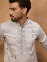 Ethnic Bay Men Grey Silk Blend Solid Embroidered Straight Kurta With Pant Set-MKSET1438