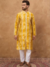 Ethnic Bay Men Yellow Silk Blend Shibori Embroidered Straight Kurta With Pant Set-MKSET1540