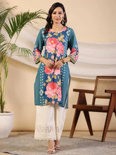 Blue Rayon Floral Printed Straight Kurta