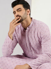 Ethnic Bay Men Purple Viscose Rayon Solid Embroidered Straight Kurta With Pant Set-MKSET1061
