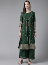 Dark Green Chanderi Gold Printed Kurta Palazzo Set-AHKUJKPZ-COMBO-385