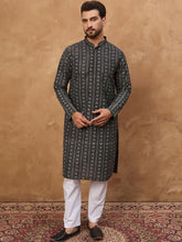 Ethnic Bay Men Black Silk Blend Geometric Printed Straight Kurta With Pant Set-MKSET1523