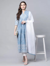 Pastel Blue Pure Cotton Printed Kurta Pant Set With Dupatta-AHKUDUPN-COMBO-482