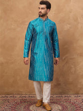 Ethnic Bay Men Blue Silk Blend Geometric Printed Straight Kurta With Pant Set-MKSET1519