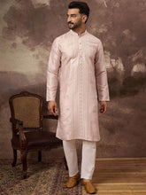 Ethnic Bay Men Pink Silk Blend Solid Embroidered Straight Kurta With Pant Set-MKSET1362