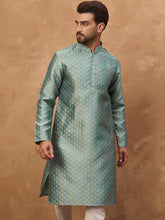 Ethnic Bay Men Blue Silk Blend Solid Woven Design Straight Kurta With Pant Set-MKSET1457