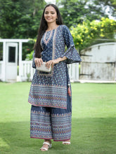 Women's Indigo Cambric Printed High-Low Kurta Sets