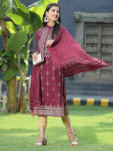 Women's Wine Bright Rayon Printed Straight Kurta Dupatta Set