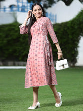 Women's Peach Cambric Mexican Print Pleated Yoke Kurta Kurta With Mask