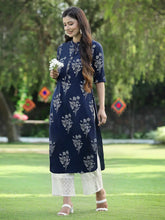 Women's Indigo Rayon Slub Bandhani Straight Kurta