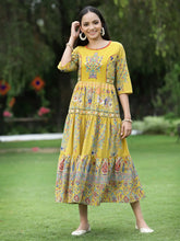 Women's Mustard Cambric Printed Tiered Dress