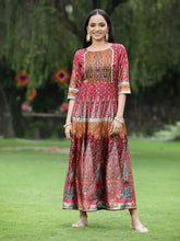 Women's Maroon Dull Satin Printed Anarkali Dress