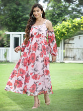 Women's Lightpink Chiffon Printed Flared Dress