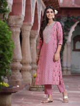 Women's Pink Muslin Embroidered Straight Kurta Sets