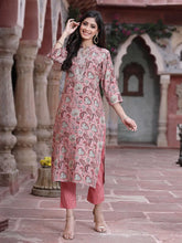 Women's Onion Pink Muslin Gold Foil Printed Straight Kurta Sets