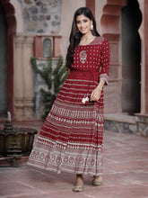 Women's Maroon Lite Rayon Printed Flared Dress