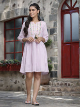 Women's Lavender Cotton Dobby Embroidered A-Line Short Dress