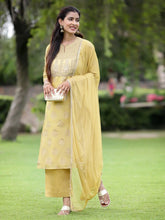 Mustard Chanderi Festive Embroidered Placement Printed A-line Kurta Set