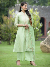 Mint Green Chanderi Festive Embroidered Polka Dot Printed A-line Kurta Set