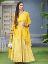 Mustard Santoon Slub Festive Printed Crop Lehenga Choli Dupatta Set