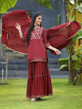 Maroon Satin Slub Festive Embroidered Printed Straight Kurta Skirt Dupatta Set