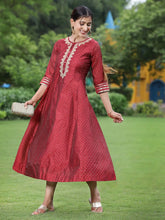 Women Maroon Chanderi Festive Embroidered + Polka Dot Printed Flared Kurta