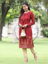 Women Women's Acrylyc Viscose Jaquard Knit Maroon Printed Straight Festive Kurta