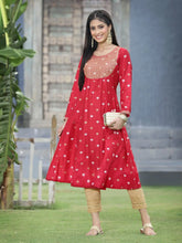 Women Red Rayon Festive Foil Printed Anarkali Flared Anarkali Kurta