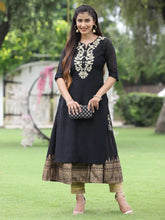 Women Black Chanderi Festive Embroidered + Printed Straight/Flared Kurta