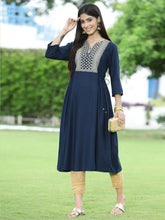 Women Navy Rayon Festive Embroidered Flared Kurta