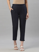 Navy Cotton Flex Festive Solid Straight Pant/Slim Pant For Women