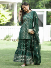 Green Mono Viscose Festive Wear Printed Straight Kurta Sharara Dupatta Set