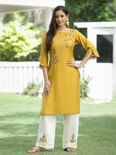 Mustard Mono Viscose Festive Wear Embroidered Straight Kurta Palazzo Dupatta Set