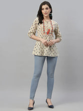 Beige Cambric Casual Wear Printed A-Line Tunic
