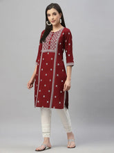 Maroon Rayon Festive Placement Print Side Straight Kurta For Women