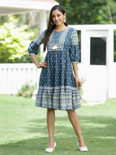 Blue Rayon Festive Printed Tiered Dress For Women