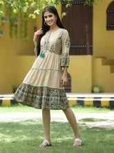 Beige Rayon Casual Wear Printed Tiered Short Dress