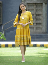 Mustard Rayon Festive Printed Tiered Short Dress For Women
