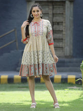 Beige Cambric Festive Embroidered Tiered Short Dress For Women