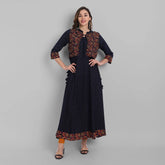 Women's Navy Rayon Designer Printed Flared Dress