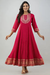 Women's Red Rayon Printed Flared Dress